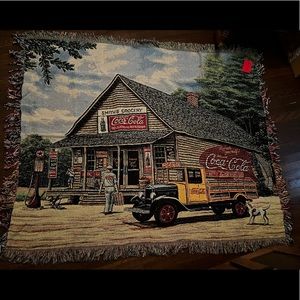 Coca Cola Knitted Tapestry Fringe Blanket With Pillow.  Pamela C. Renfroe.